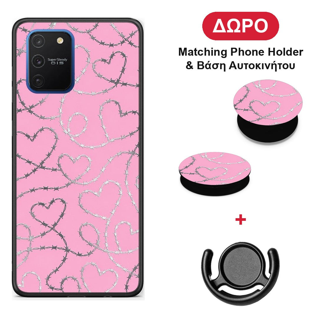 Barbed Wire Hearts on Pink - Samsung Galaxy S10 Lite θήκη + Δώρο Phone Holder & Βάση Αυτοκινήτου