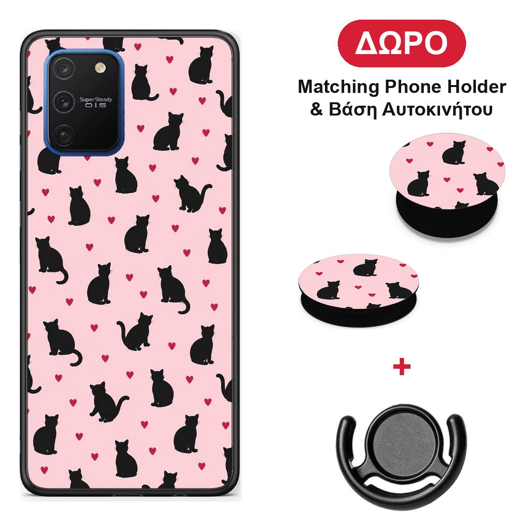 Black Cat Silhouettes and Hearts on Pink - Samsung Galaxy S10 Lite θήκη + Δώρο Phone Holder & Βάση Αυτοκινήτου