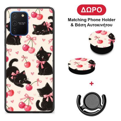 Black Kittens and Cherries on Cream - Samsung Galaxy S10 Lite θήκη + Δώρο Phone Holder & Βάση Αυτοκινήτου