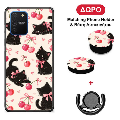 Black Kittens and Cherries on Cream - Samsung Galaxy S10 Lite θήκη + Δώρο Phone Holder & Βάση Αυτοκινήτου