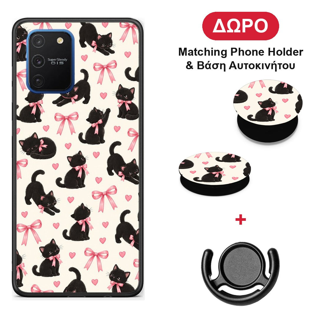 Black Kittens and Pink Bows on Cream Small - Samsung Galaxy S10 Lite θήκη + Δώρο Phone Holder & Βάση Αυτοκινήτου