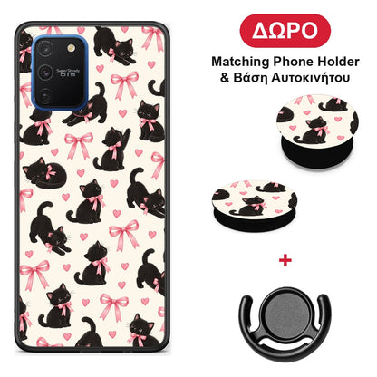 Black Kittens and Pink Bows on Cream Small - Samsung Galaxy S10 Lite θήκη + Δώρο Phone Holder & Βάση Αυτοκινήτου