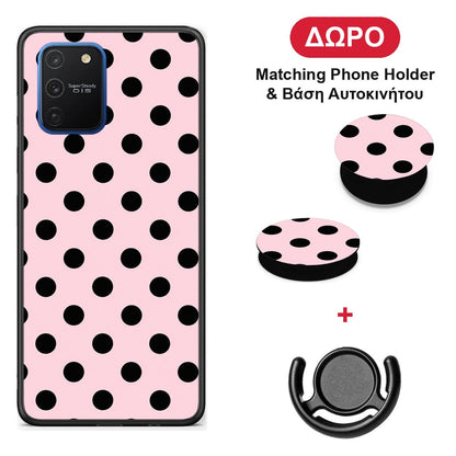Black Polka Dots on Pink - Samsung Galaxy S10 Lite θήκη + Δώρο Phone Holder & Βάση Αυτοκινήτου