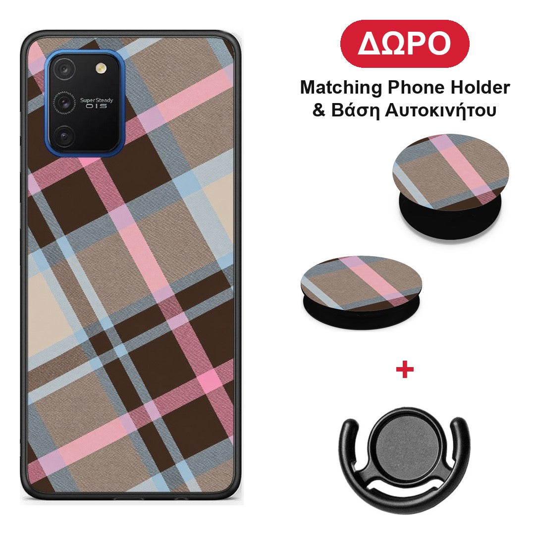 Brown Pink and Blue Diagonal Plaid - Samsung Galaxy S10 Lite θήκη + Δώρο Phone Holder & Βάση Αυτοκινήτου