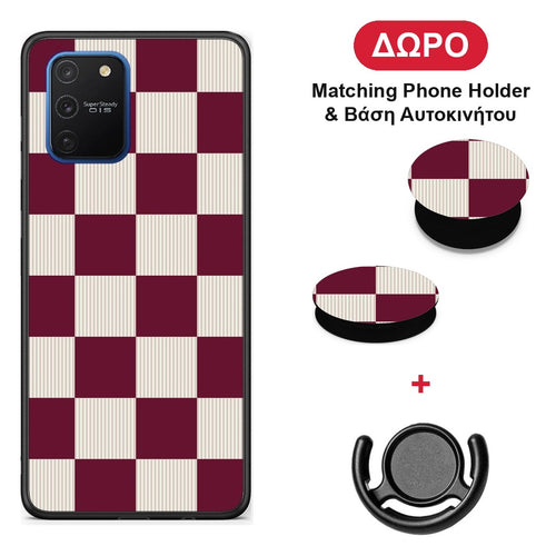 Burgundy and Cream Striped Checks - Samsung Galaxy S10 Lite θήκη + Δώρο Phone Holder & Βάση Αυτοκινήτου