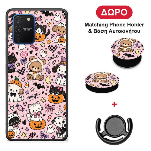 Halloween Cute Animals on Pink - Samsung Galaxy S10 Lite θήκη + Δώρο Phone Holder & Βάση Αυτοκινήτου