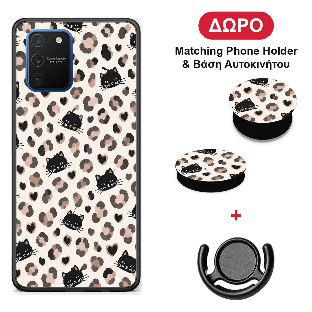 Leopard Spots and Black Cats on Cream - Samsung Galaxy S10 Lite θήκη + Δώρο Phone Holder & Βάση Αυτοκινήτου