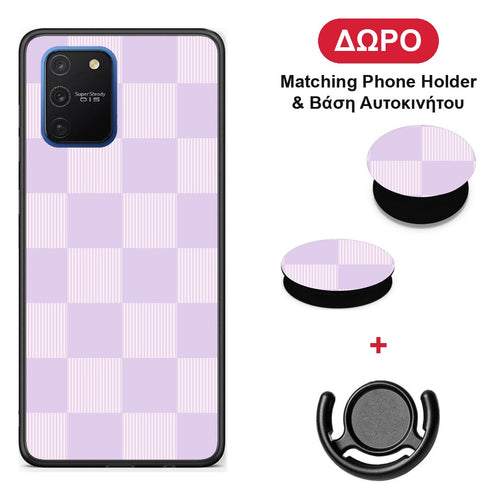 Lilac and Cream Striped Checks - Samsung Galaxy S10 Lite θήκη + Δώρο Phone Holder & Βάση Αυτοκινήτου