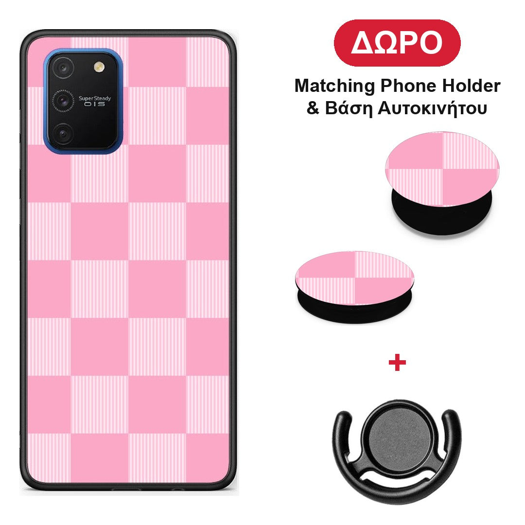 Pink and White Striped Checks - Samsung Galaxy S10 Lite θήκη + Δώρο Phone Holder & Βάση Αυτοκινήτου
