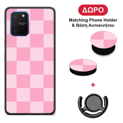 Pink and White Striped Checks - Samsung Galaxy S10 Lite θήκη + Δώρο Phone Holder & Βάση Αυτοκινήτου