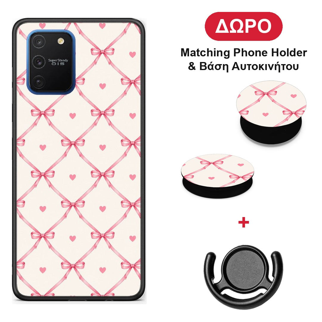 Pink Bow Lattice and Hearts on Cream - Samsung Galaxy S10 Lite θήκη + Δώρο Phone Holder & Βάση Αυτοκινήτου