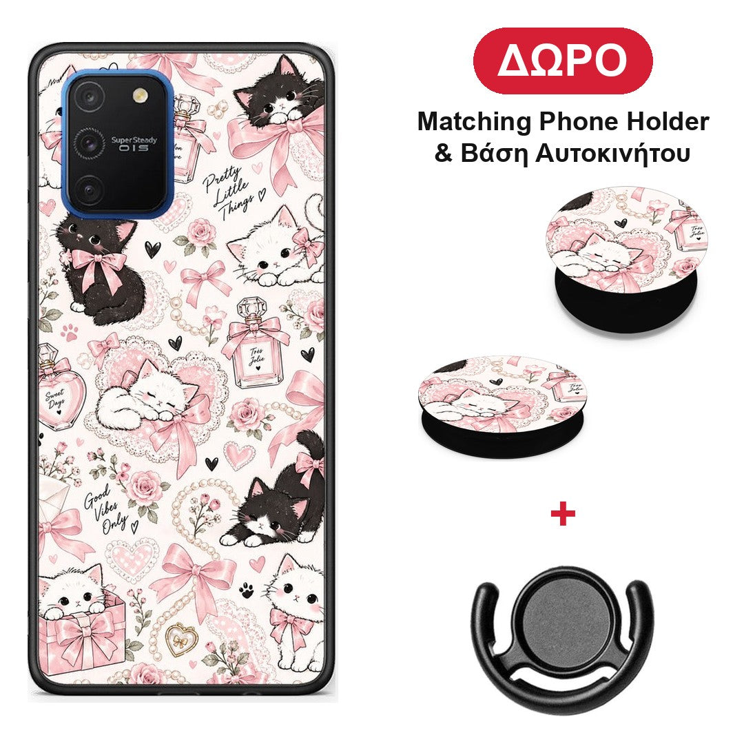Pink Bows and Kittens Collage - Samsung Galaxy S10 Lite θήκη + Δώρο Phone Holder & Βάση Αυτοκινήτου