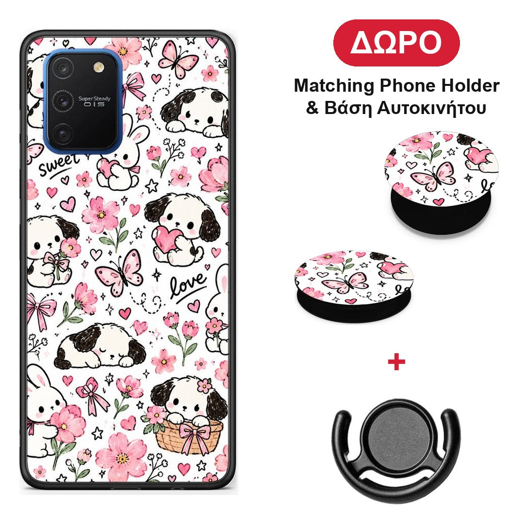 Pink Florals Puppies and Bunnies on White - Samsung Galaxy S10 Lite θήκη + Δώρο Phone Holder & Βάση Αυτοκινήτου