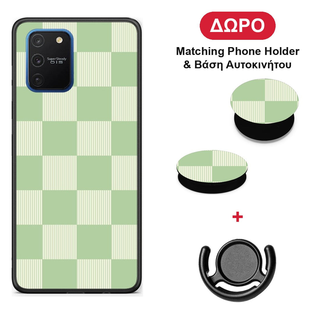Sage and Cream Striped Checks - Samsung Galaxy S10 Lite θήκη + Δώρο Phone Holder & Βάση Αυτοκινήτου