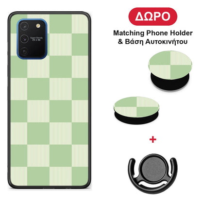 Sage and Cream Striped Checks - Samsung Galaxy S10 Lite θήκη + Δώρο Phone Holder & Βάση Αυτοκινήτου