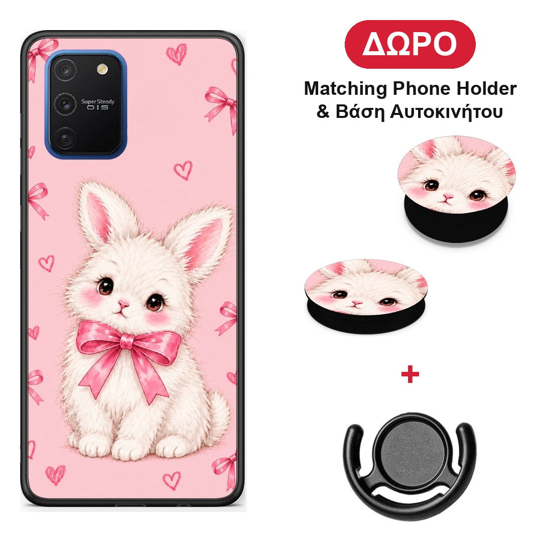 White Bunny and Pink Bows - Samsung Galaxy S10 Lite θήκη + Δώρο Phone Holder & Βάση Αυτοκινήτου
