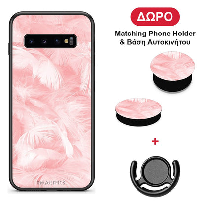 Boho Pink Feather - Samsung Galaxy S10+ θήκη + Δώρο Phone Holder & Βάση Αυτοκινήτου