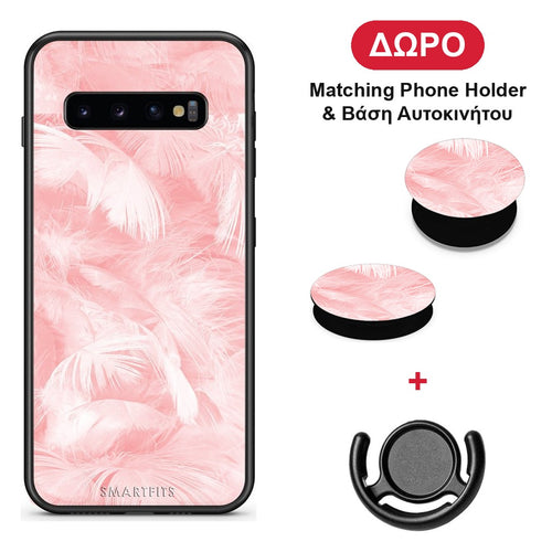 Boho Pink Feather - Samsung Galaxy S10+ θήκη + Δώρο Phone Holder & Βάση Αυτοκινήτου
