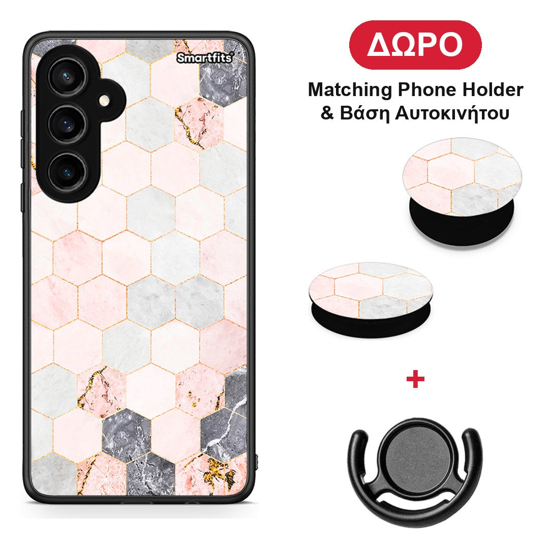 Marble Hexagon Pink - Samsung Galaxy S23 FE θήκη + Δώρο Phone Holder & Βάση Αυτοκινήτου