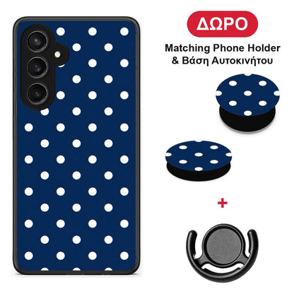 White Small Polka Dots on Navy - Samsung Galaxy S23 FE θήκη + Δώρο Phone Holder & Βάση Αυτοκινήτου