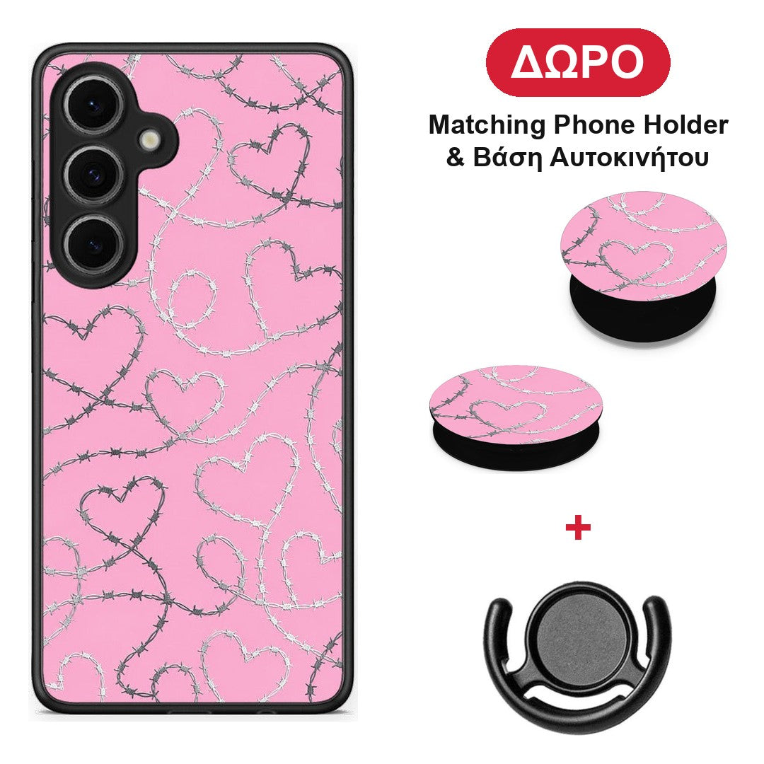 Barbed Wire Hearts on Pink - Samsung Galaxy S24 FE θήκη + Δώρο Phone Holder & Βάση Αυτοκινήτου