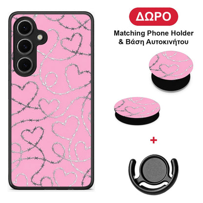Barbed Wire Hearts on Pink - Samsung Galaxy S24 FE θήκη + Δώρο Phone Holder & Βάση Αυτοκινήτου