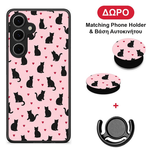 Black Cat Silhouettes and Hearts on Pink - Samsung Galaxy S24 FE θήκη + Δώρο Phone Holder & Βάση Αυτοκινήτου