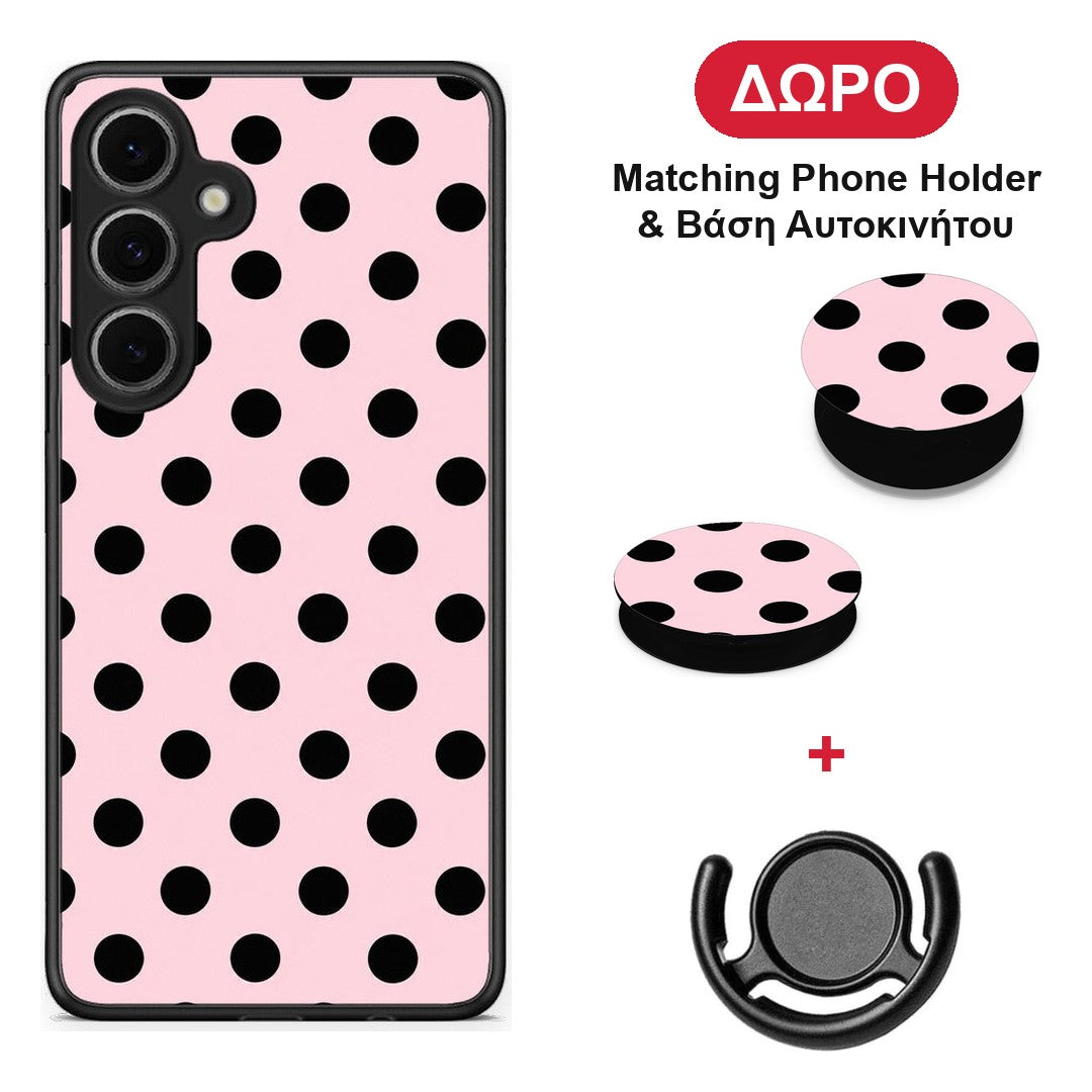 Black Polka Dots on Pink - Samsung Galaxy S24 FE θήκη + Δώρο Phone Holder & Βάση Αυτοκινήτου