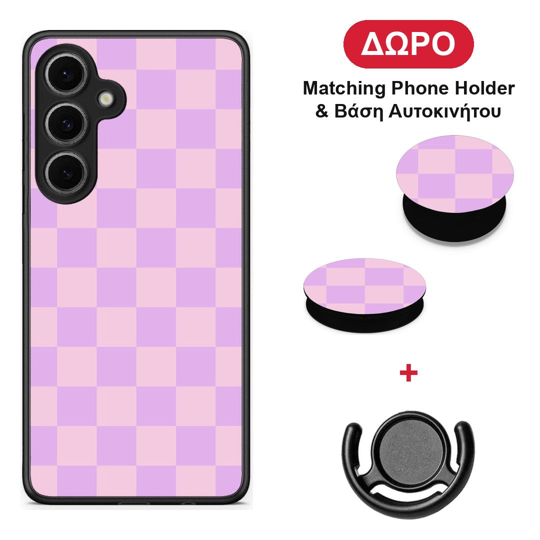 Lavender and Pink Checkerboard - Samsung Galaxy S24 FE θήκη + Δώρο Phone Holder & Βάση Αυτοκινήτου