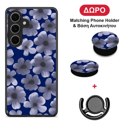 Pale Blue Flowers on Navy - Samsung Galaxy S24 FE θήκη + Δώρο Phone Holder & Βάση Αυτοκινήτου