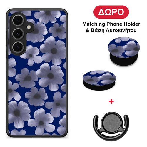 Pale Blue Flowers on Navy - Samsung Galaxy S24 FE θήκη + Δώρο Phone Holder & Βάση Αυτοκινήτου