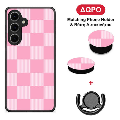 Pink and White Striped Checks - Samsung Galaxy S24 FE θήκη + Δώρο Phone Holder & Βάση Αυτοκινήτου