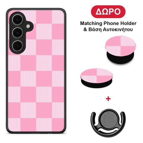 Pink and White Striped Checks - Samsung Galaxy S24 FE θήκη + Δώρο Phone Holder & Βάση Αυτοκινήτου