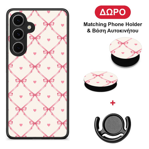 Pink Bow Lattice and Hearts on Cream - Samsung Galaxy S24 FE θήκη + Δώρο Phone Holder & Βάση Αυτοκινήτου