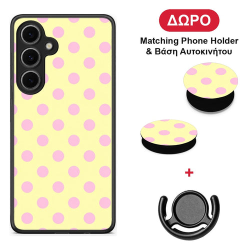 Pink Polka Dots on Yellow - Samsung Galaxy S24 FE θήκη + Δώρο Phone Holder & Βάση Αυτοκινήτου