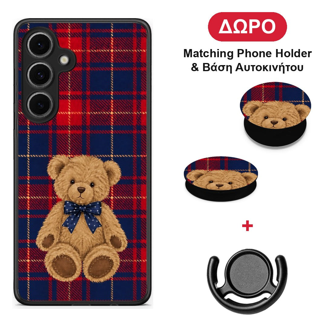 Teddy Bear on Red and Navy Tartan - Samsung Galaxy S24 FE θήκη + Δώρο Phone Holder & Βάση Αυτοκινήτου