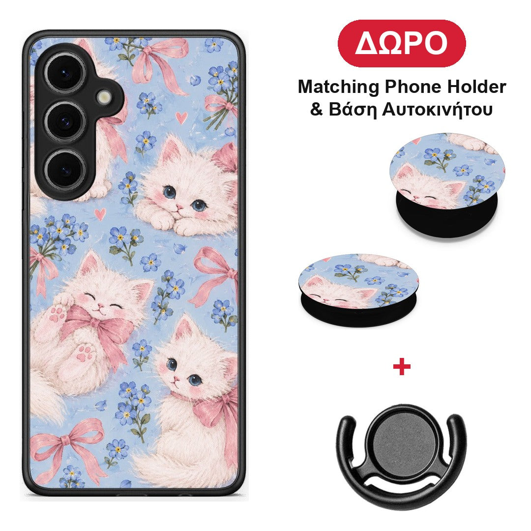 White Kittens and Blue Flowers Large - Samsung Galaxy S24 FE θήκη + Δώρο Phone Holder & Βάση Αυτοκινήτου
