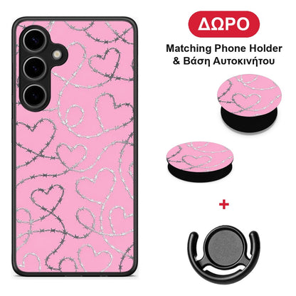 Barbed Wire Hearts on Pink - Samsung Galaxy S24 Plus θήκη + Δώρο Phone Holder & Βάση Αυτοκινήτου