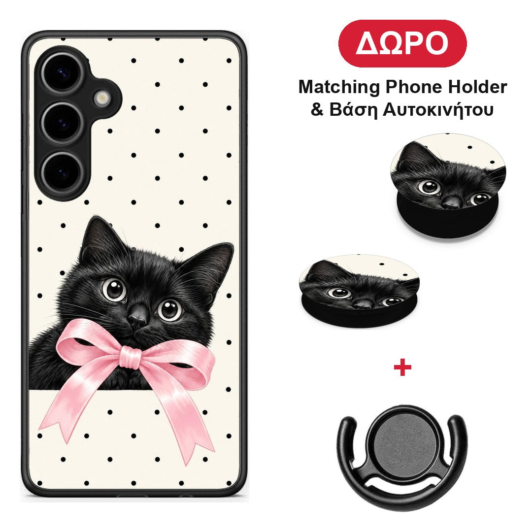Black Kitten Pink Bow and Polka Dots - Samsung Galaxy S24 Plus θήκη + Δώρο Phone Holder & Βάση Αυτοκινήτου