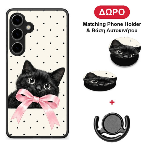 Black Kitten Pink Bow and Polka Dots - Samsung Galaxy S24 Plus θήκη + Δώρο Phone Holder & Βάση Αυτοκινήτου