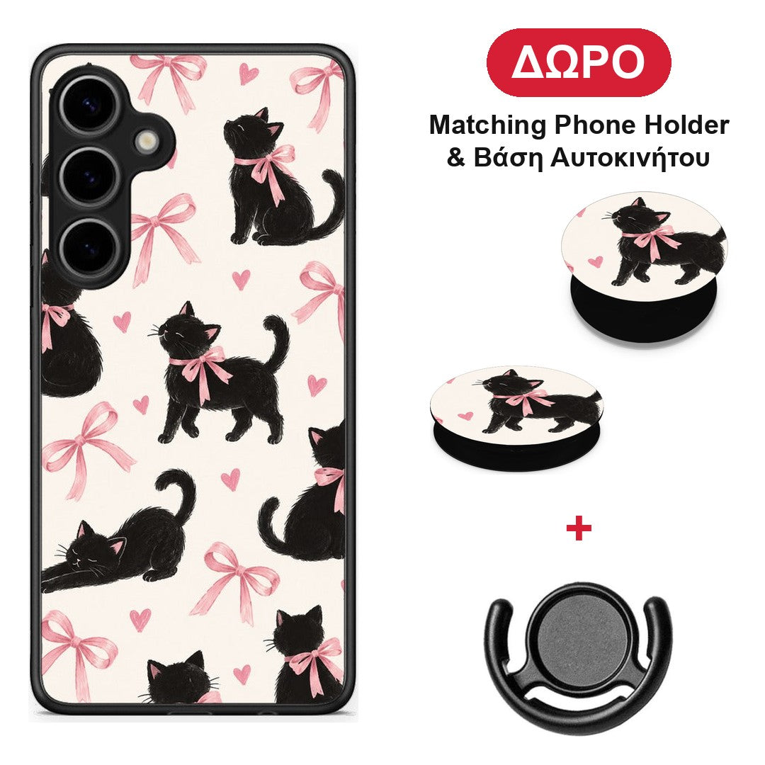 Black Kittens and Pink Bows on Cream Large - Samsung Galaxy S24 Plus θήκη + Δώρο Phone Holder & Βάση Αυτοκινήτου