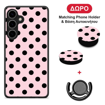 Black Polka Dots on Pink - Samsung Galaxy S24 Plus θήκη + Δώρο Phone Holder & Βάση Αυτοκινήτου