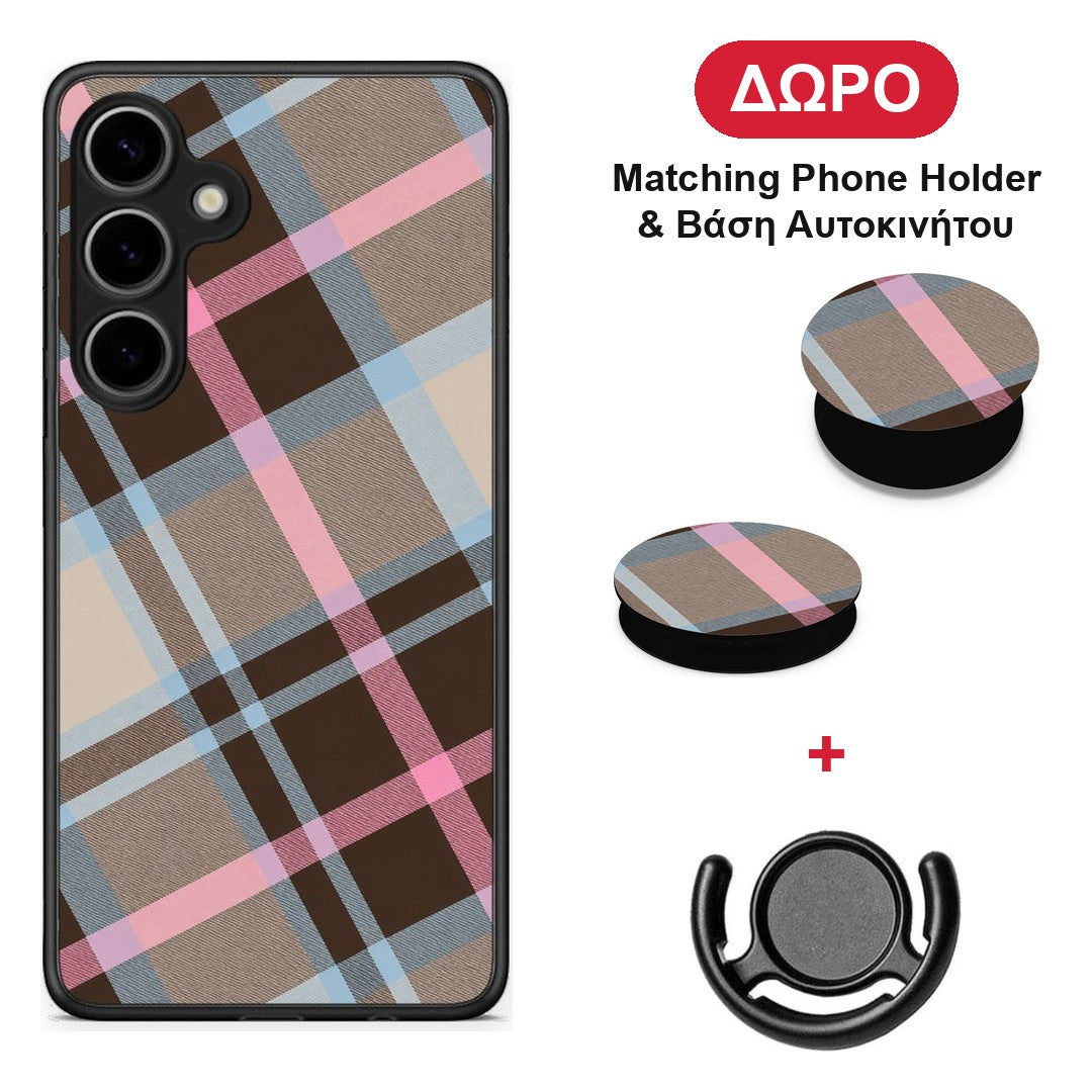 Brown Pink and Blue Diagonal Plaid - Samsung Galaxy S24 Plus θήκη + Δώρο Phone Holder & Βάση Αυτοκινήτου