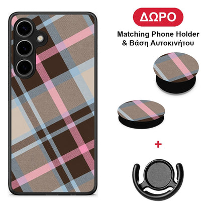 Brown Pink and Blue Diagonal Plaid - Samsung Galaxy S24 Plus θήκη + Δώρο Phone Holder & Βάση Αυτοκινήτου