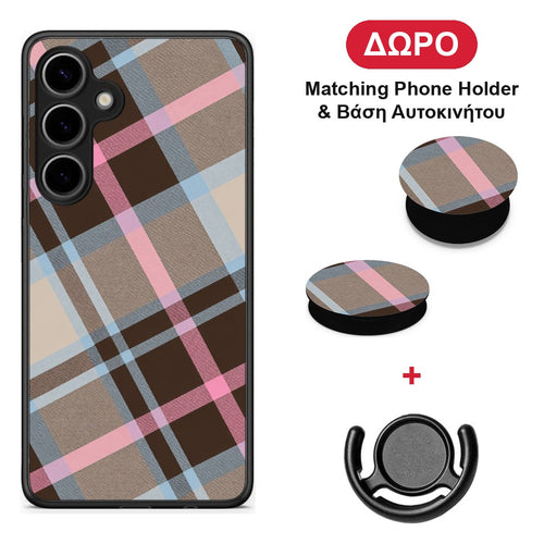 Brown Pink and Blue Diagonal Plaid - Samsung Galaxy S24 Plus θήκη + Δώρο Phone Holder & Βάση Αυτοκινήτου