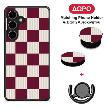 Burgundy and Cream Striped Checks - Samsung Galaxy S24 Plus θήκη + Δώρο Phone Holder & Βάση Αυτοκινήτου