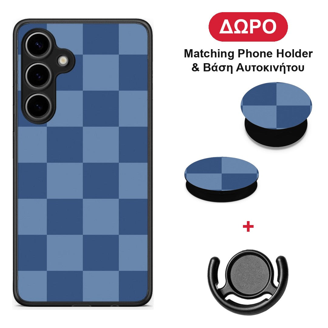 Denim Blue Checkerboard - Samsung Galaxy S24 Plus θήκη + Δώρο Phone Holder & Βάση Αυτοκινήτου