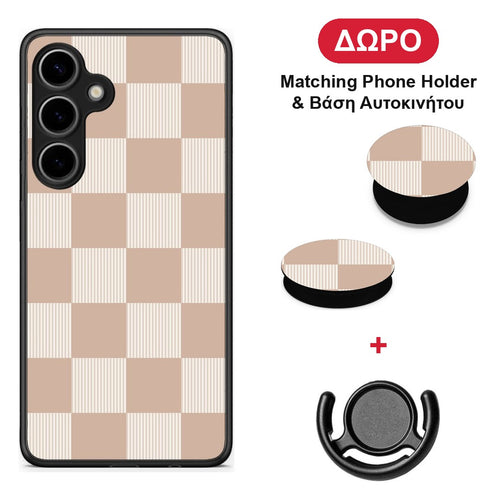Latte and Cream Striped Checks - Samsung Galaxy S24 Plus θήκη + Δώρο Phone Holder & Βάση Αυτοκινήτου