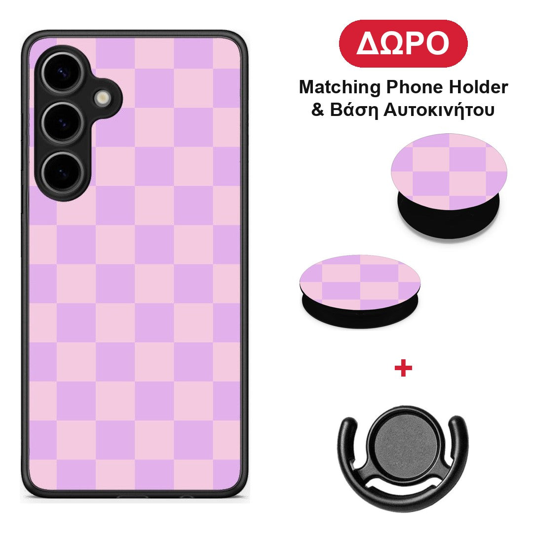 Lavender and Pink Checkerboard - Samsung Galaxy S24 Plus θήκη + Δώρο Phone Holder & Βάση Αυτοκινήτου