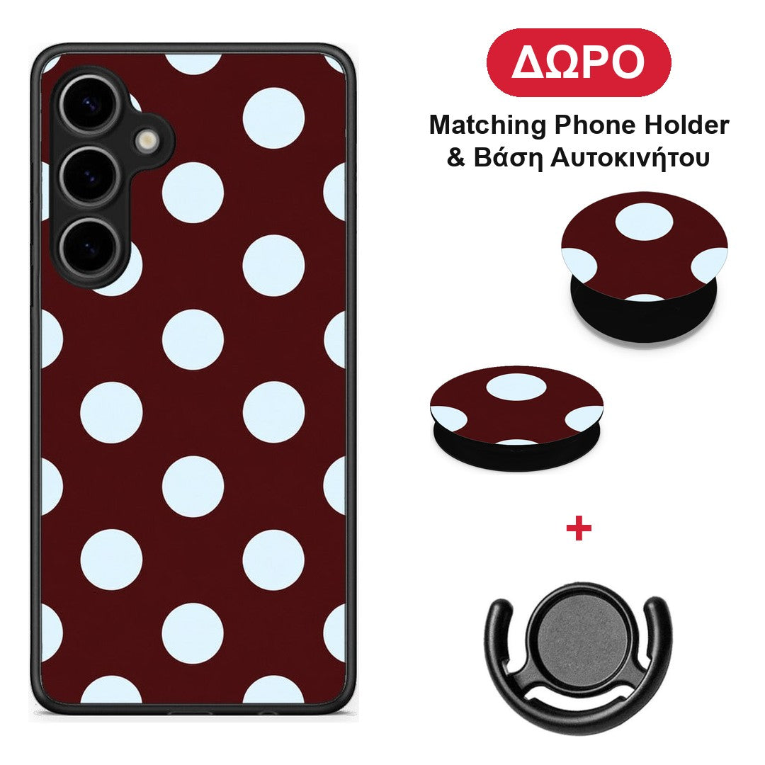 Pale Blue Large Polka Dots on Burgundy - Samsung Galaxy S24 Plus θήκη + Δώρο Phone Holder & Βάση Αυτοκινήτου